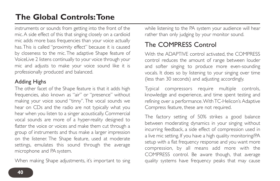 The global controls:tone, The compress control | TC-Helicon VoiceLive 2 User manual User Manual | Page 40 / 105