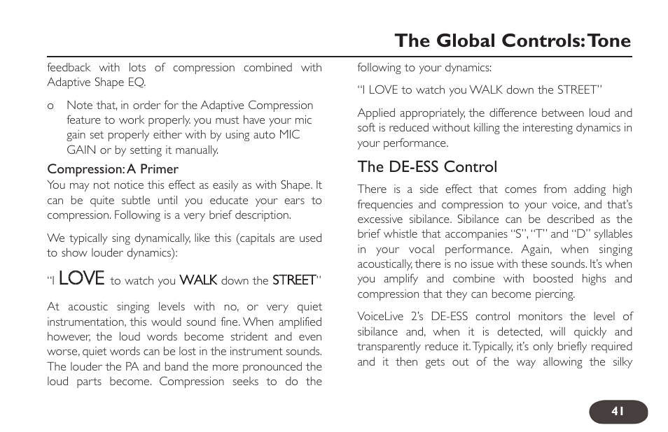 Llo ov vee, The global controls:tone | TC-Helicon VoiceLive 2 User manual User Manual | Page 41 / 105