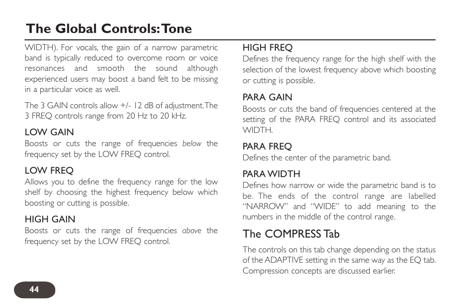 The global controls:tone, The compress tab | TC-Helicon VoiceLive 2 User manual User Manual | Page 44 / 105