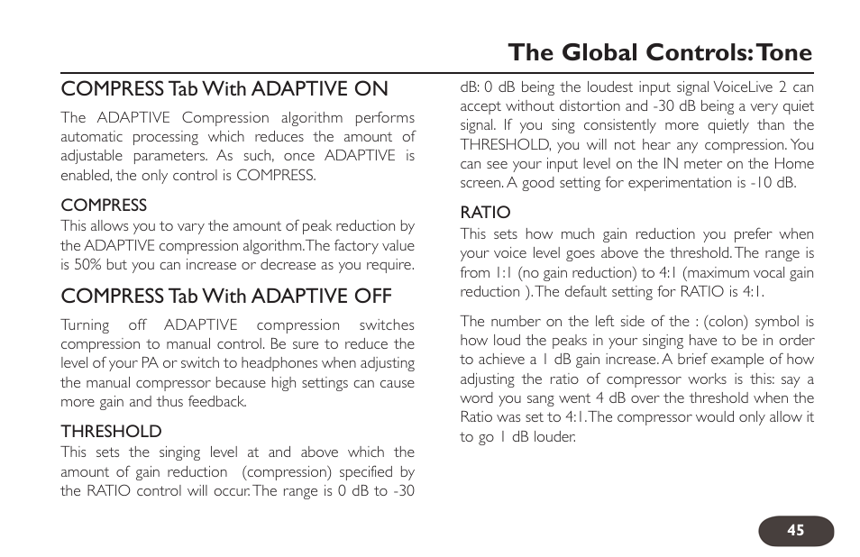 The global controls:tone | TC-Helicon VoiceLive 2 User manual User Manual | Page 45 / 105