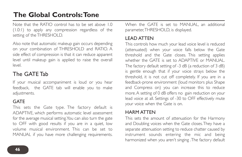 The global controls:tone, The gate tab | TC-Helicon VoiceLive 2 User manual User Manual | Page 46 / 105