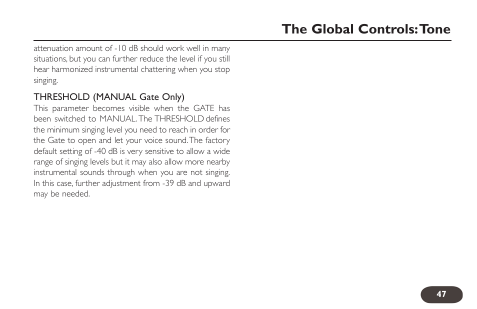 The global controls:tone | TC-Helicon VoiceLive 2 User manual User Manual | Page 47 / 105
