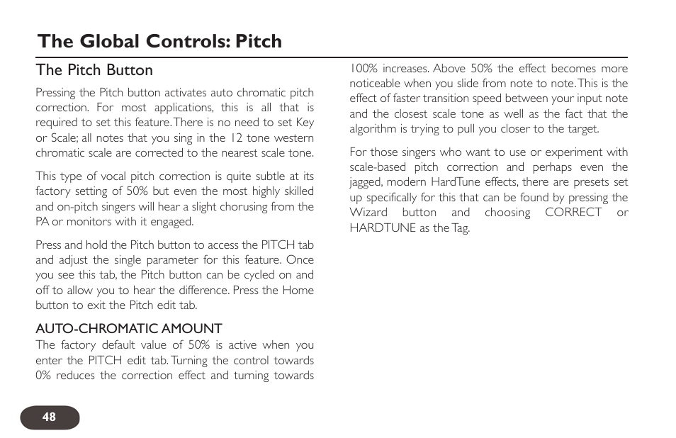 The global controls: pitch, The pitch button | TC-Helicon VoiceLive 2 User manual User Manual | Page 48 / 105