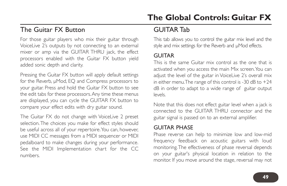The global controls: guitar fx | TC-Helicon VoiceLive 2 User manual User Manual | Page 49 / 105