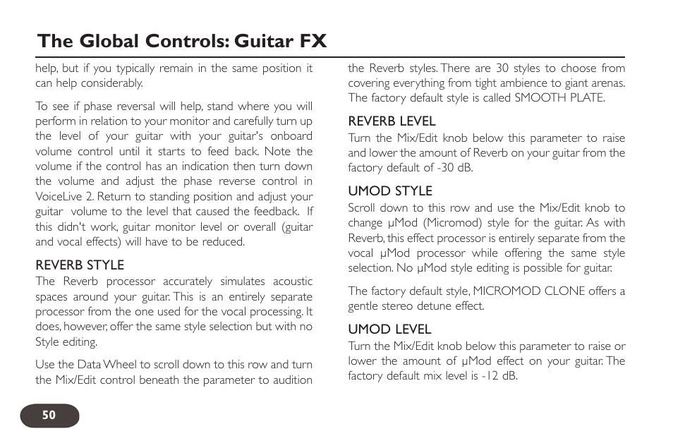 The global controls: guitar fx | TC-Helicon VoiceLive 2 User manual User Manual | Page 50 / 105