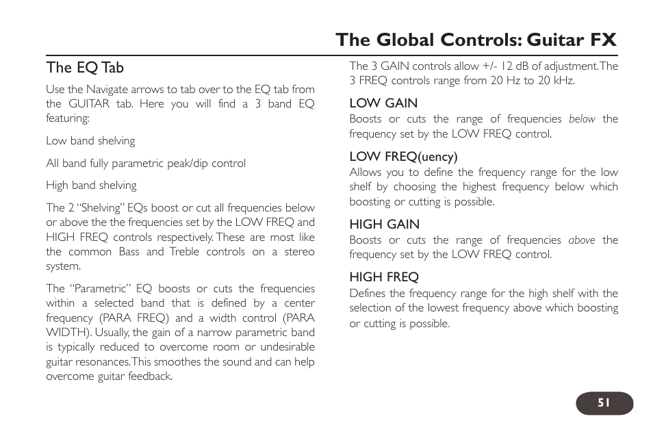 The global controls: guitar fx, The eq tab | TC-Helicon VoiceLive 2 User manual User Manual | Page 51 / 105