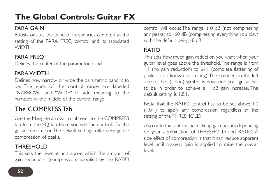 The global controls: guitar fx, The compress tab | TC-Helicon VoiceLive 2 User manual User Manual | Page 52 / 105