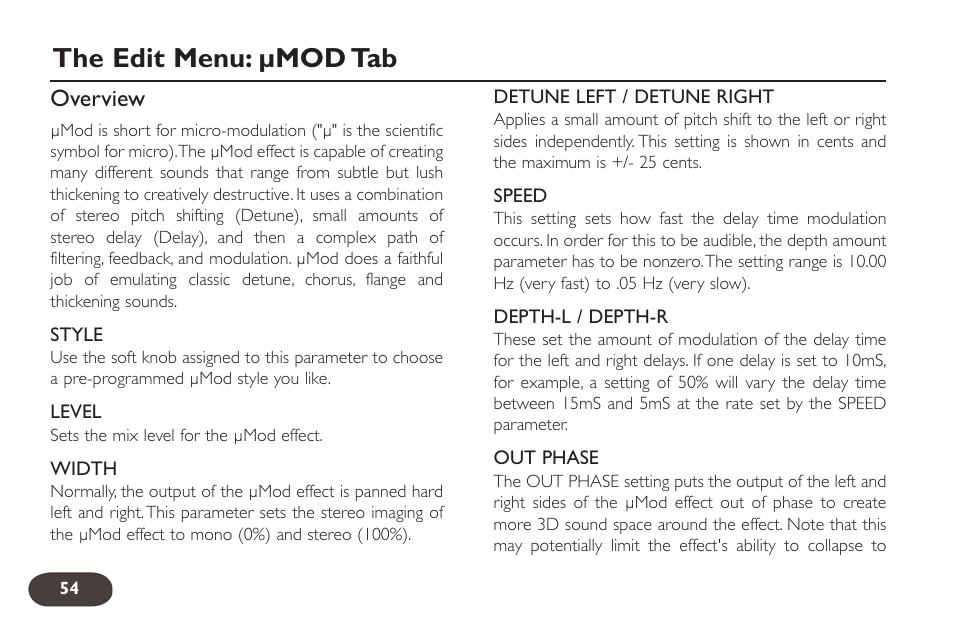 The edit menu: µmod tab, Overview | TC-Helicon VoiceLive 2 User manual User Manual | Page 54 / 105
