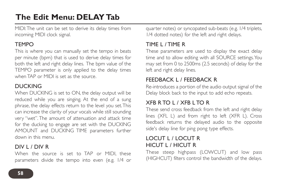 The edit menu: delay tab | TC-Helicon VoiceLive 2 User manual User Manual | Page 58 / 105