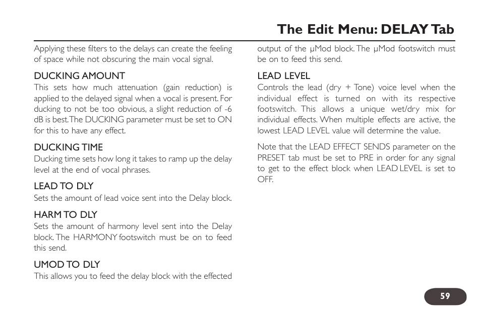 The edit menu: delay tab | TC-Helicon VoiceLive 2 User manual User Manual | Page 59 / 105