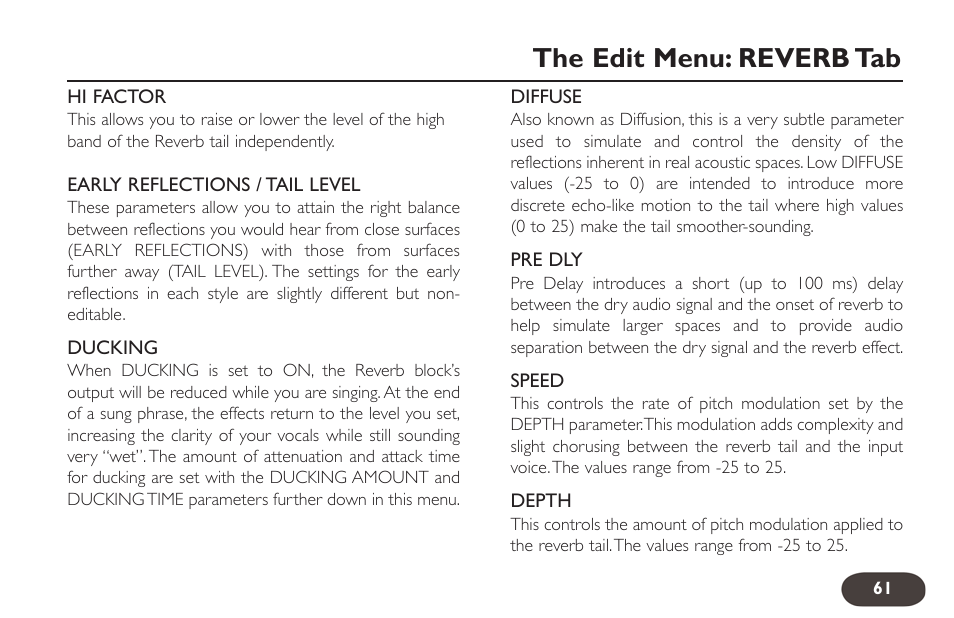 The edit menu: reverb tab | TC-Helicon VoiceLive 2 User manual User Manual | Page 61 / 105