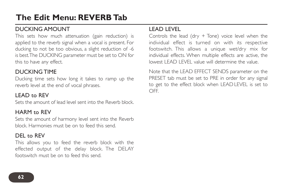 The edit menu: reverb tab | TC-Helicon VoiceLive 2 User manual User Manual | Page 62 / 105