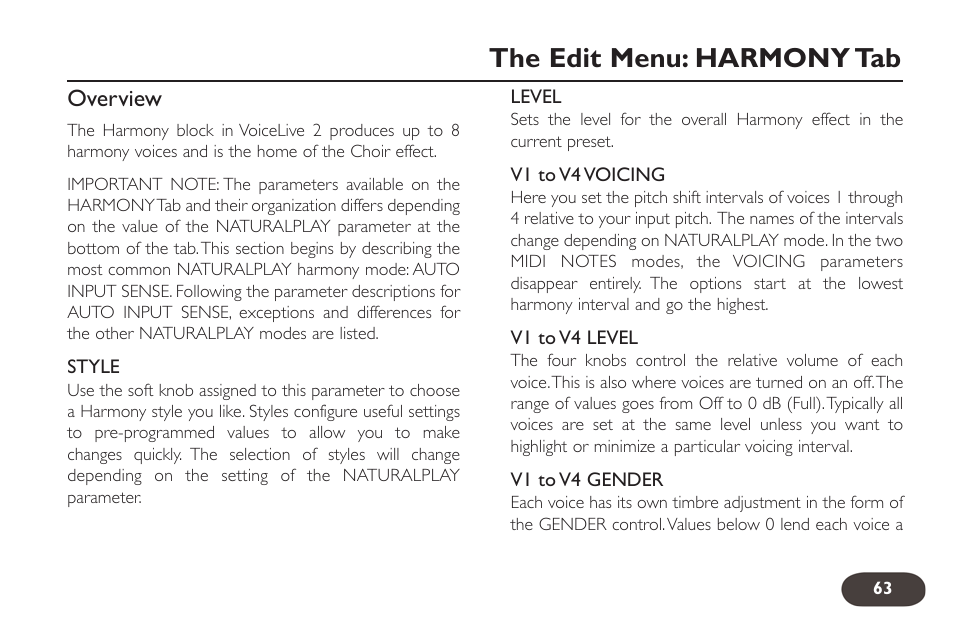 The edit menu: harmony tab, Overview | TC-Helicon VoiceLive 2 User manual User Manual | Page 63 / 105