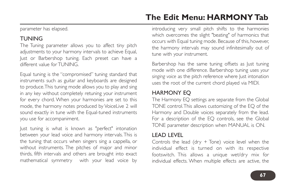 The edit menu: harmony tab | TC-Helicon VoiceLive 2 User manual User Manual | Page 67 / 105
