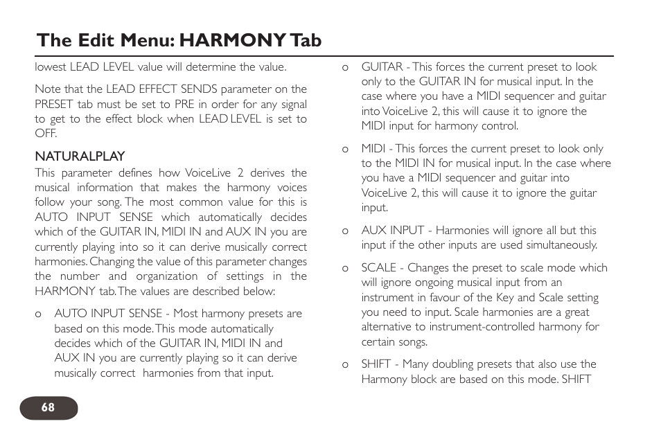 The edit menu: harmony tab | TC-Helicon VoiceLive 2 User manual User Manual | Page 68 / 105