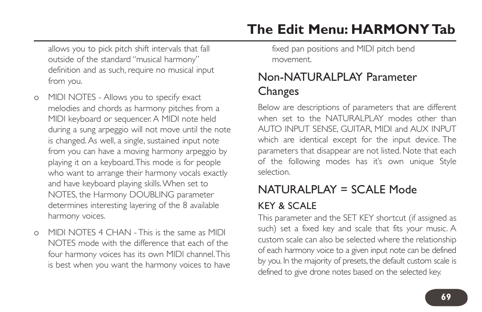 The edit menu: harmony tab, Non-naturalplay parameter changes, Naturalplay = scale mode | TC-Helicon VoiceLive 2 User manual User Manual | Page 69 / 105