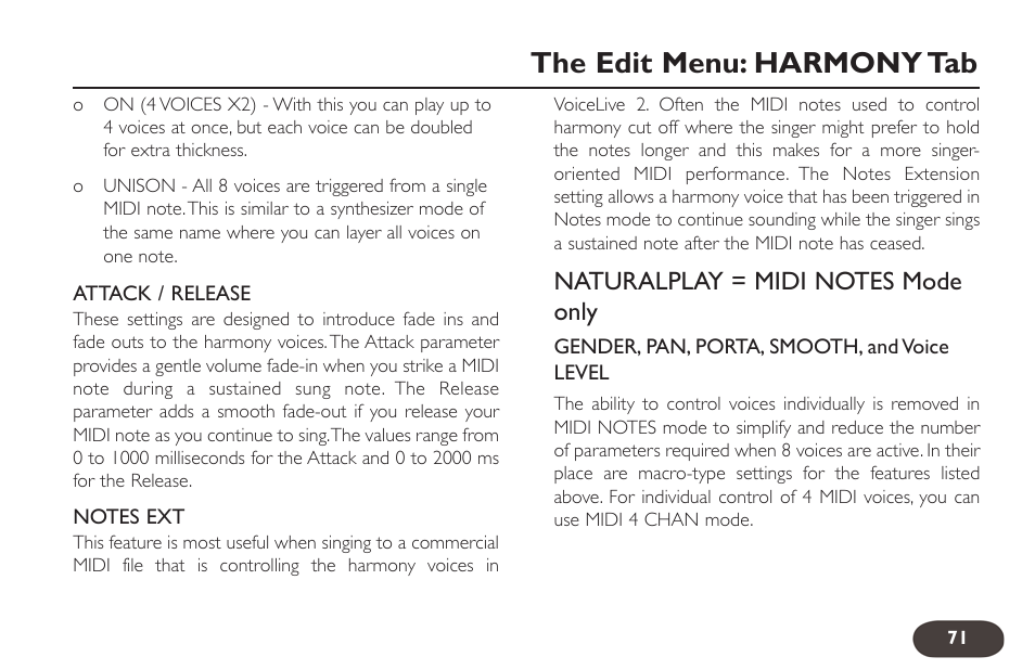 The edit menu: harmony tab | TC-Helicon VoiceLive 2 User manual User Manual | Page 71 / 105