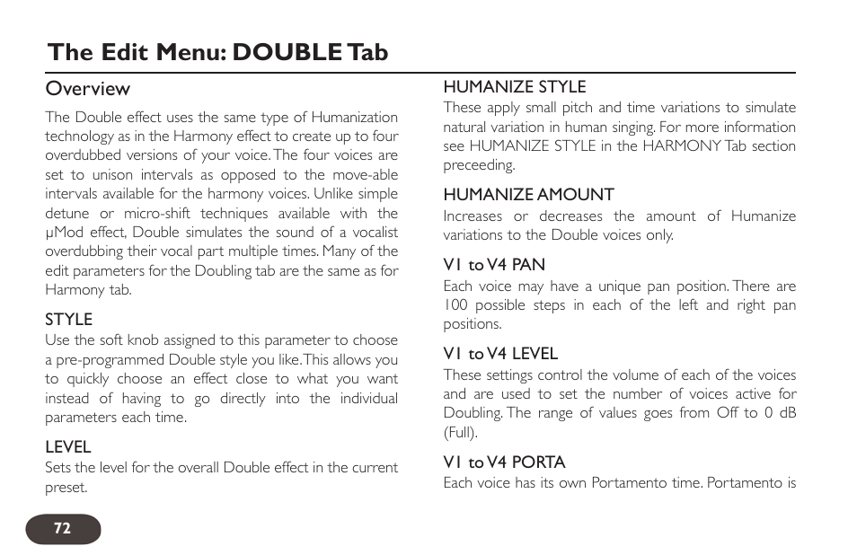 The edit menu: double tab, Overview | TC-Helicon VoiceLive 2 User manual User Manual | Page 72 / 105