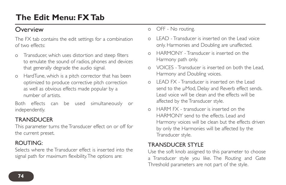 The edit menu: fx tab, Overview | TC-Helicon VoiceLive 2 User manual User Manual | Page 74 / 105
