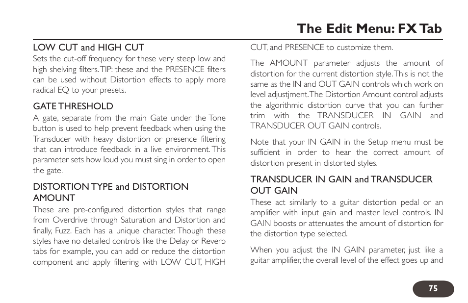 The edit menu: fx tab | TC-Helicon VoiceLive 2 User manual User Manual | Page 75 / 105