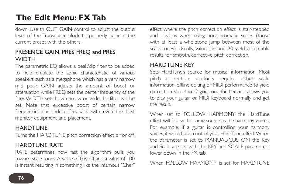 The edit menu: fx tab | TC-Helicon VoiceLive 2 User manual User Manual | Page 76 / 105