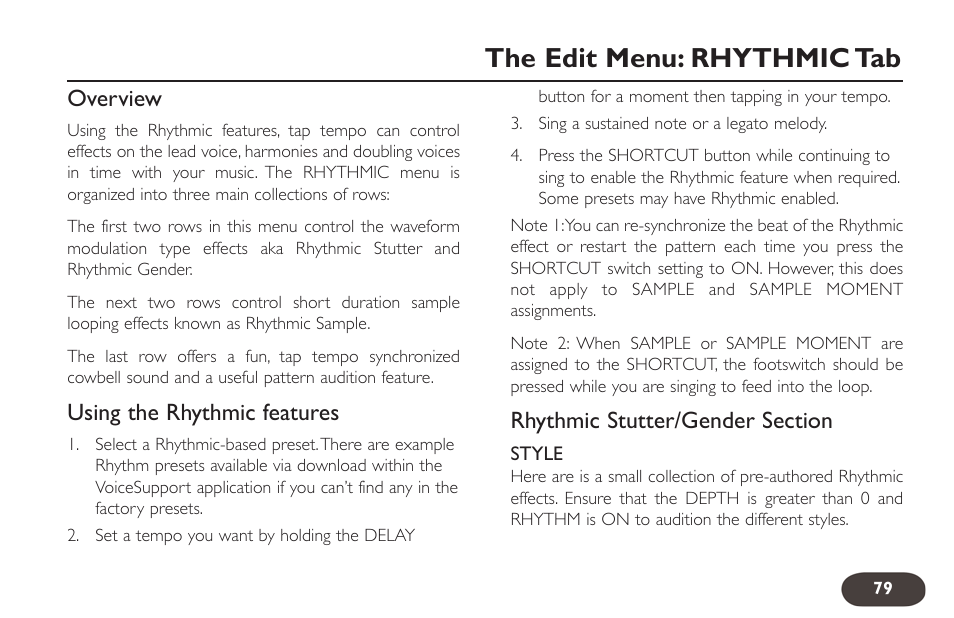 The edit menu: rhythmic tab, Overview, Using the rhythmic features | TC-Helicon VoiceLive 2 User manual User Manual | Page 79 / 105