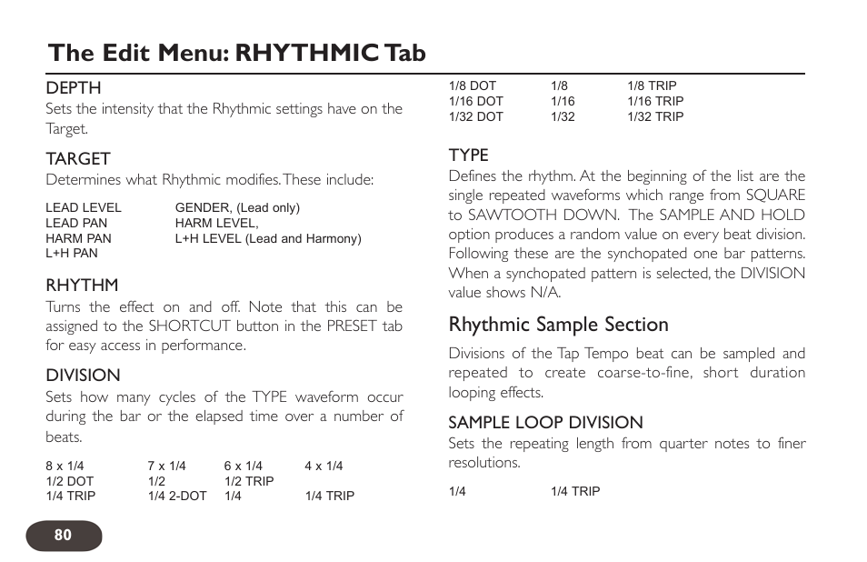 The edit menu: rhythmic tab, Depth, Target | Rhythm, Division, Type, Sample loop division | TC-Helicon VoiceLive 2 User manual User Manual | Page 80 / 105