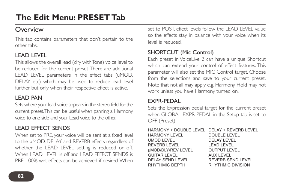 The edit menu: preset tab, Overview | TC-Helicon VoiceLive 2 User manual User Manual | Page 82 / 105