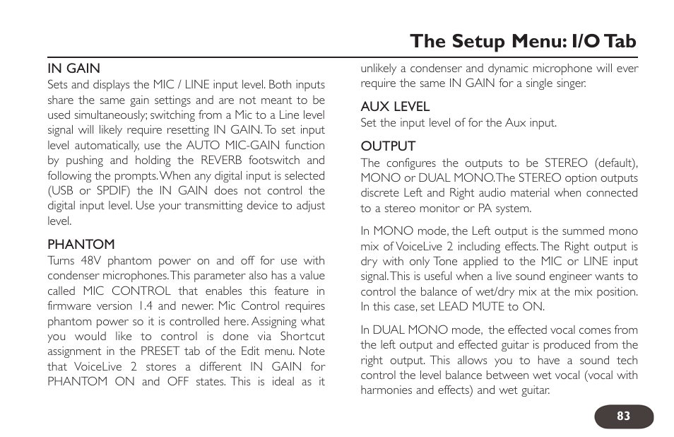 The setup menu: i/o tab | TC-Helicon VoiceLive 2 User manual User Manual | Page 83 / 105