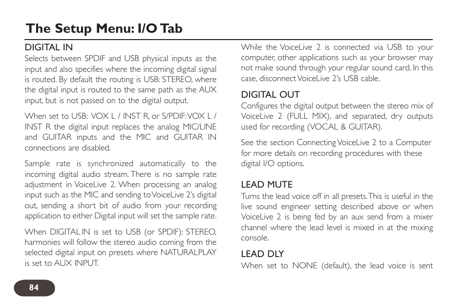 The setup menu: i/o tab | TC-Helicon VoiceLive 2 User manual User Manual | Page 84 / 105