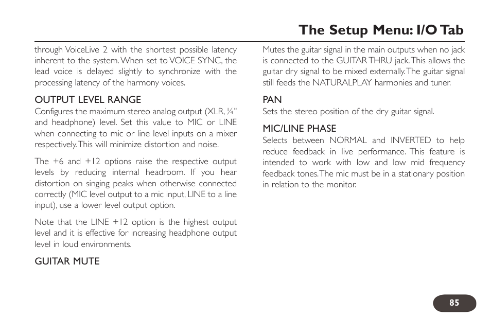 The setup menu: i/o tab | TC-Helicon VoiceLive 2 User manual User Manual | Page 85 / 105