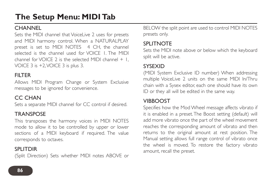 The setup menu: midi tab | TC-Helicon VoiceLive 2 User manual User Manual | Page 86 / 105