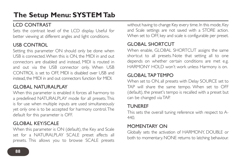 The setup menu: system tab | TC-Helicon VoiceLive 2 User manual User Manual | Page 88 / 105