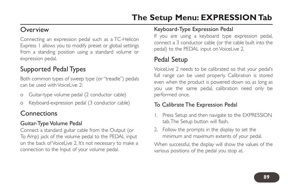 The setup menu: expression tab | TC-Helicon VoiceLive 2 User manual User Manual | Page 89 / 105
