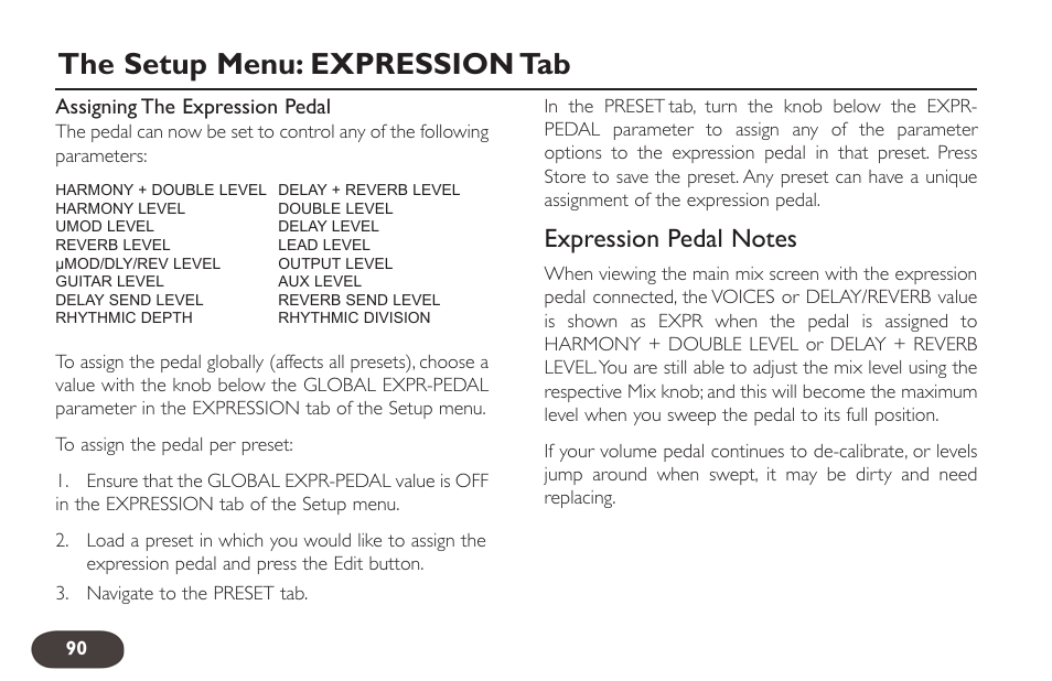 The setup menu: expression tab, Assigning the expression pedal | TC-Helicon VoiceLive 2 User manual User Manual | Page 90 / 105