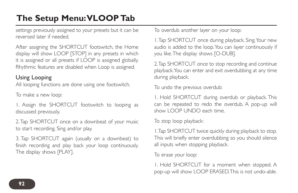 The setup menu:vloop tab | TC-Helicon VoiceLive 2 User manual User Manual | Page 92 / 105