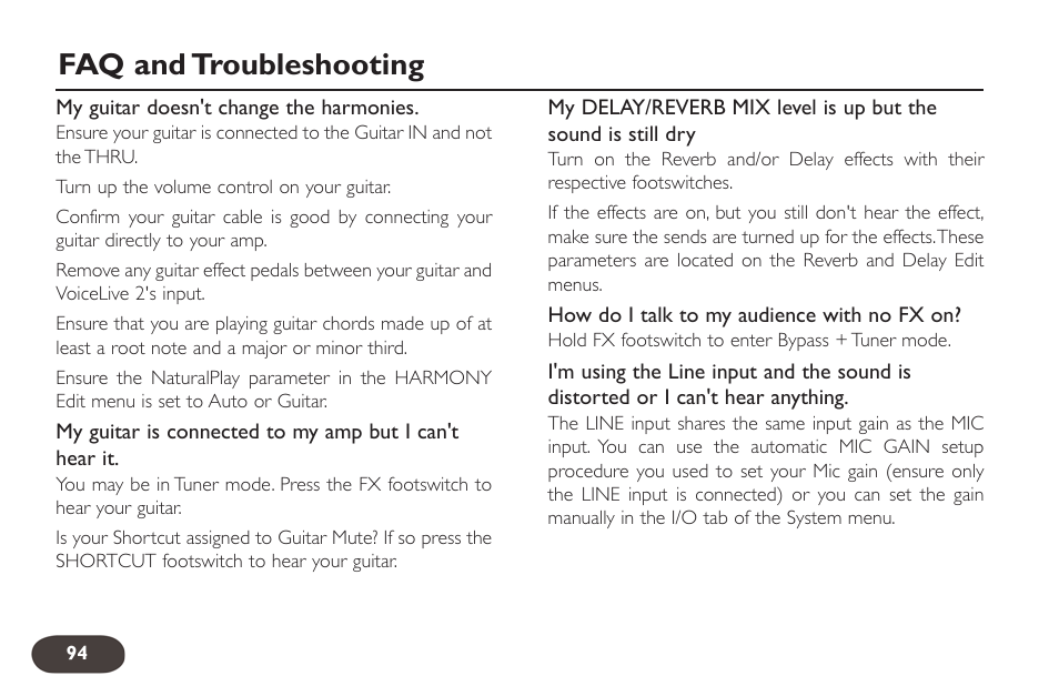 Faq and troubleshooting | TC-Helicon VoiceLive 2 User manual User Manual | Page 94 / 105