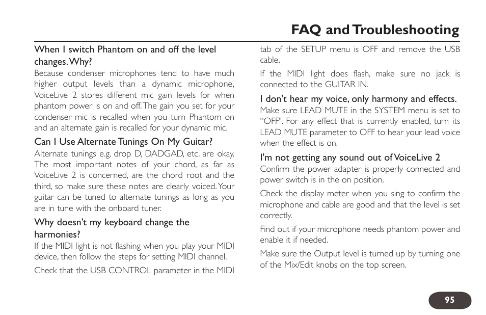 Faq and troubleshooting | TC-Helicon VoiceLive 2 User manual User Manual | Page 95 / 105