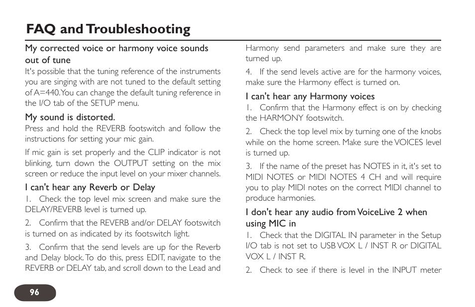 Faq and troubleshooting | TC-Helicon VoiceLive 2 User manual User Manual | Page 96 / 105