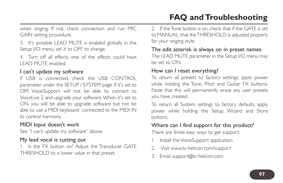 Faq and troubleshooting | TC-Helicon VoiceLive 2 User manual User Manual | Page 97 / 105