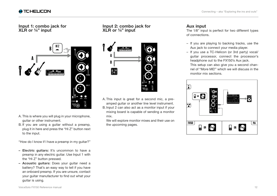 Input 1: combo jack for xlr or ¼” input, Input 2: combo jack for xlr or ¼” input, Aux input | TC-Helicon Voicesolo FX150 - Reference Manual User Manual | Page 14 / 40