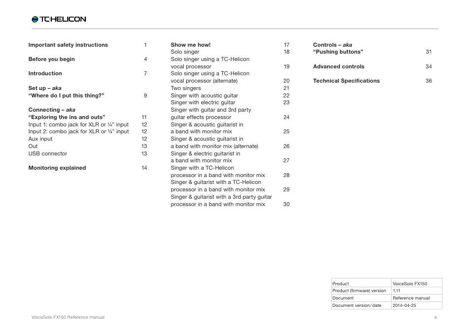 TC-Helicon Voicesolo FX150 - Reference Manual User Manual | Page 2 / 40