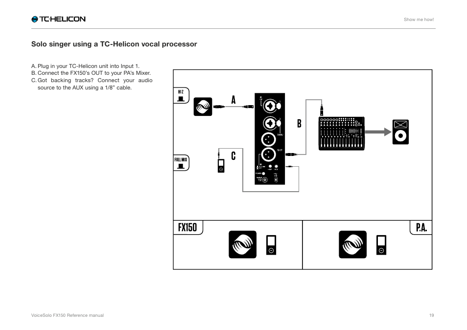 Solo singer using a tc-helicon vocal processor, Fx150 | TC-Helicon Voicesolo FX150 - Reference Manual User Manual | Page 21 / 40