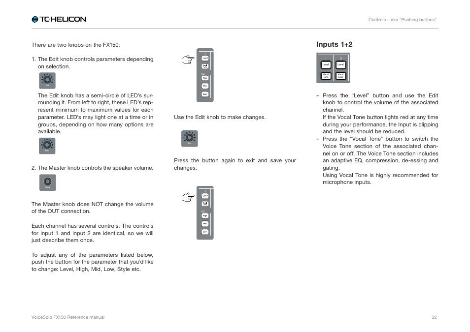 Monitor mix, Hi z full mix, Master edit | Inputs 1+2 | TC-Helicon Voicesolo FX150 - Reference Manual User Manual | Page 34 / 40