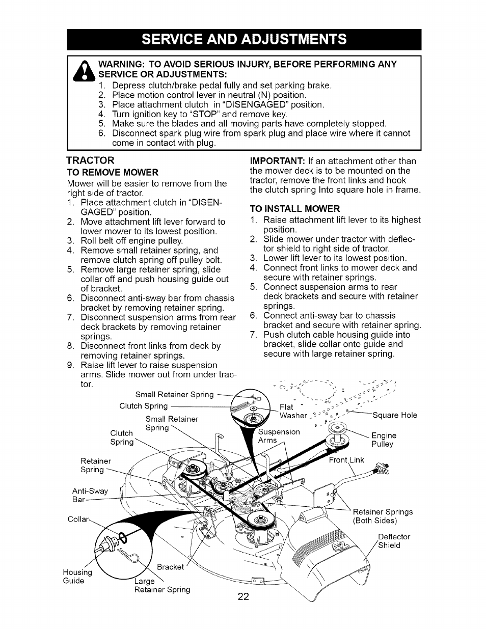 Service and adjustments | Craftsman 917.275400 User Manual | Page 22 / 56