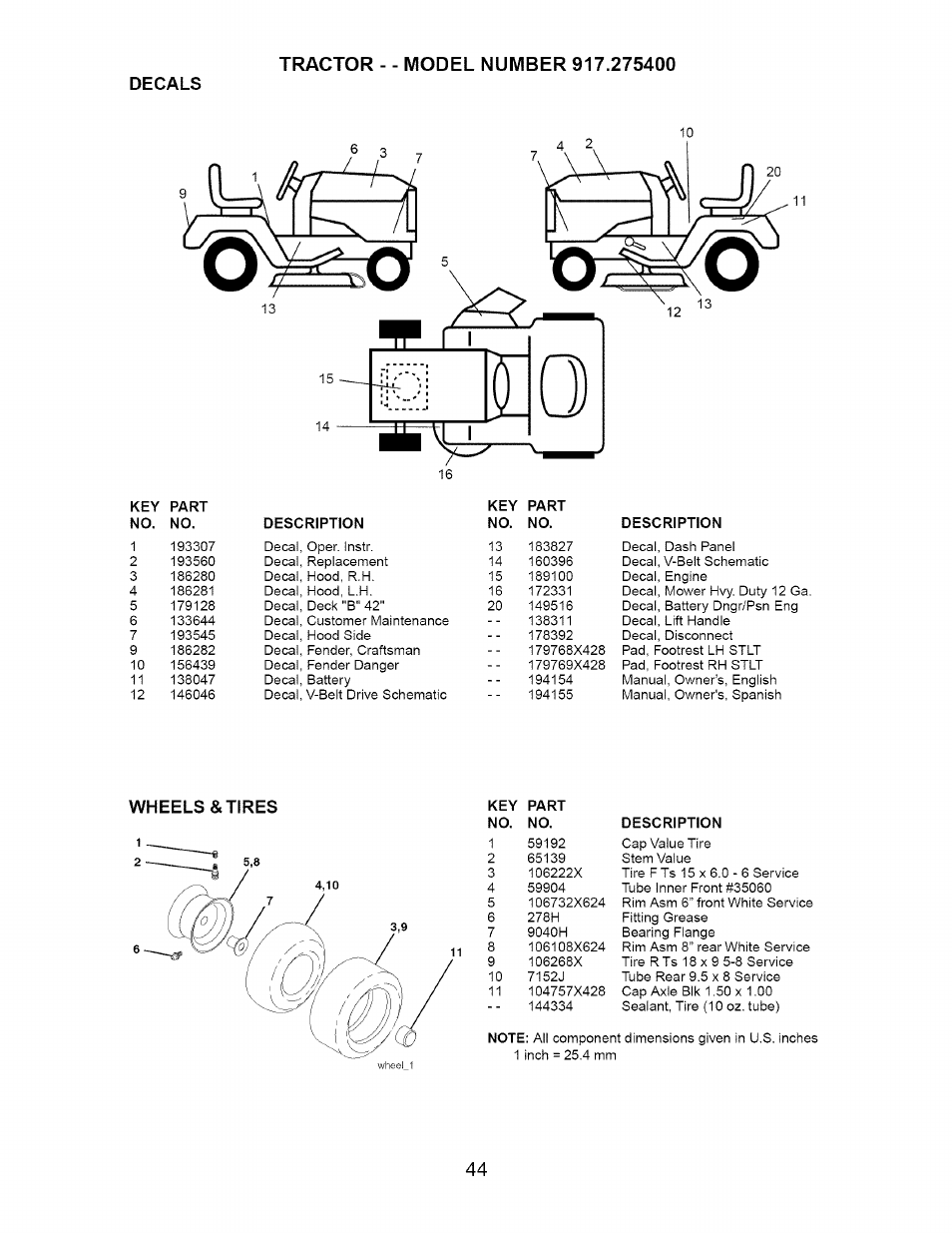 Decals, Wheels & tires | Craftsman 917.275400 User Manual | Page 44 / 56