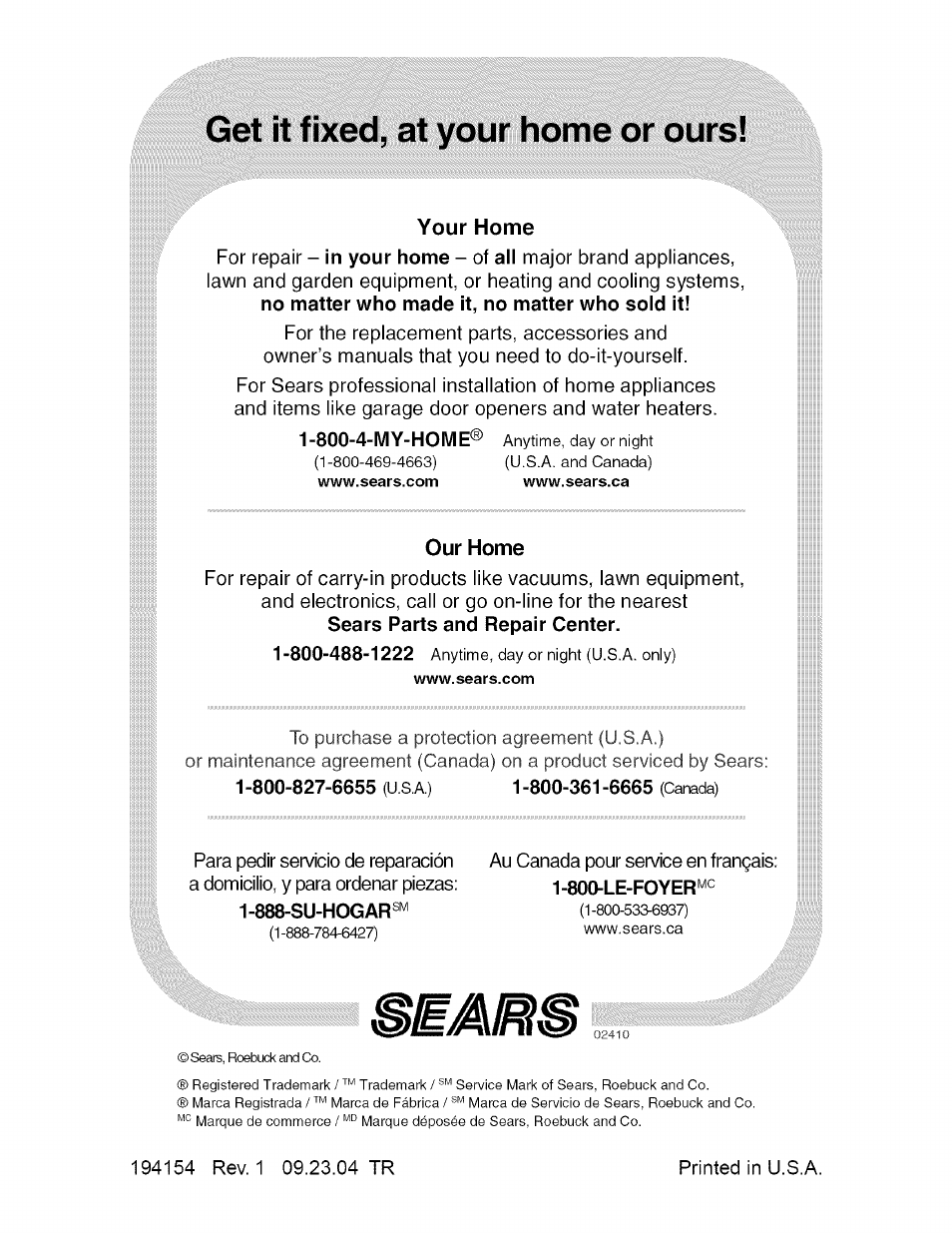 Your home, Our home, Get it fixed, at your home or ours | Craftsman 917.275400 User Manual | Page 56 / 56