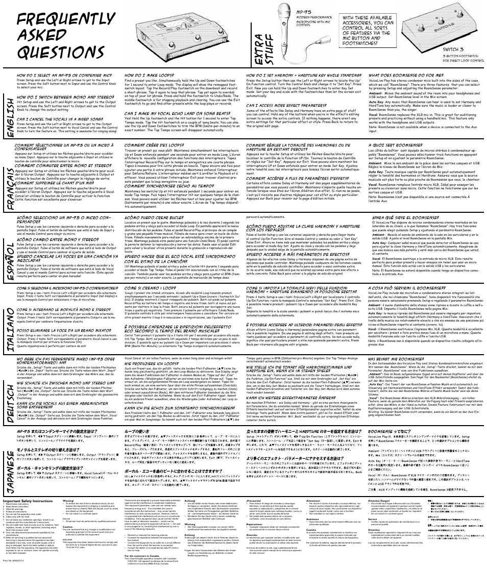 Voicelive play quickstart back web 144 dpi, Frequently asked questions, Extra stuf f | English, Français, It aliano, Esp añol, Jap anese, Deutsch | TC-Helicon VoiceLive Play - Quickstart Guide User Manual | Page 2 / 2