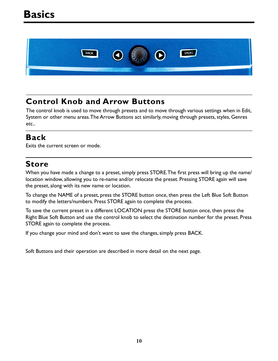 Basics, Control knob and arrow buttons, Back | Store | TC-Helicon VoiceLive Play Details Manual User Manual | Page 10 / 32