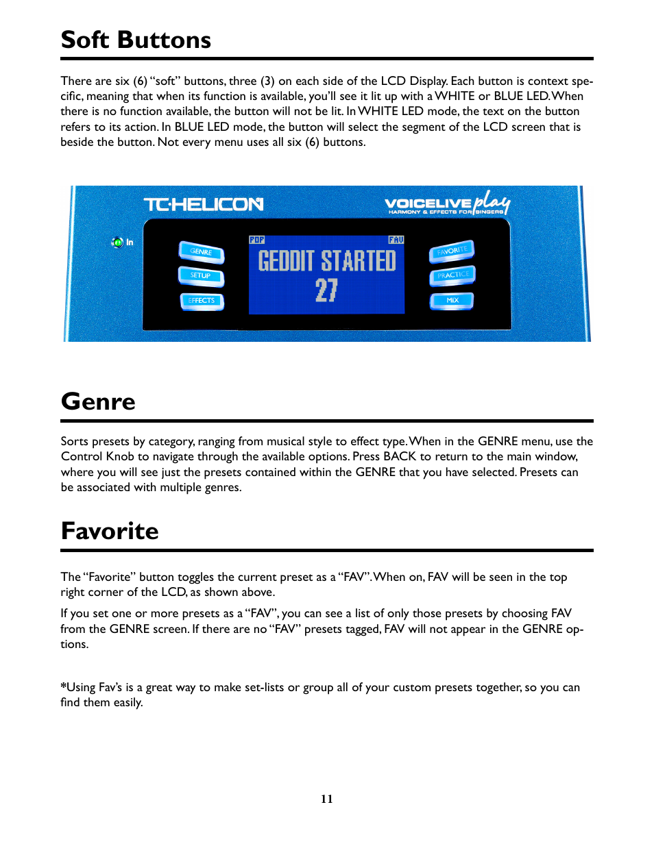 Soft buttons, Genre, Favorite | TC-Helicon VoiceLive Play Details Manual User Manual | Page 11 / 32